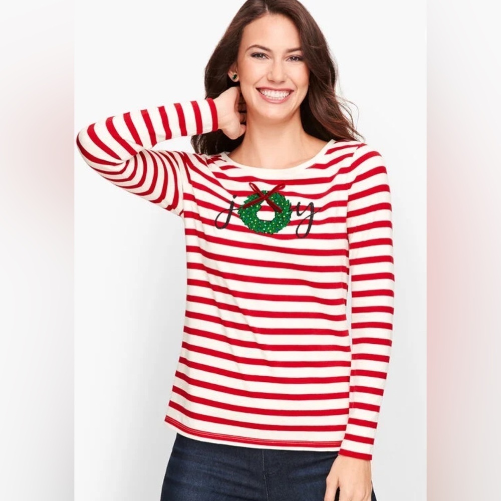 Talbots Embellished “Joy Wreath” Tee | Red & White Stripe | Women’s Size XLP